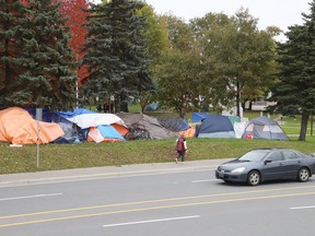 An encampment at Memorial Park, occupied by the city's homeless.