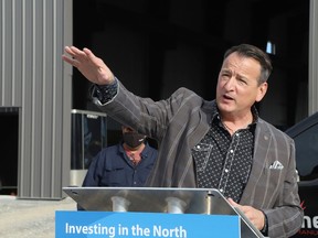 Greg Rickford, minister of Northern Development, Mines, Natural Resources and Forestry, makes a point at a funding announcement in Greater Sudbury, Ont. on Thursday October 28, 2021. "The Ontario government is providing more than $4.2 million to help 10 businesses purchase new equipment and expand operations in the Sudbury region," said a release issued by the provincial government. "This investment will support economic diversification and growth and create approximately 55 jobs in the Northeast." John Lappa/Sudbury Star/Postmedia Network