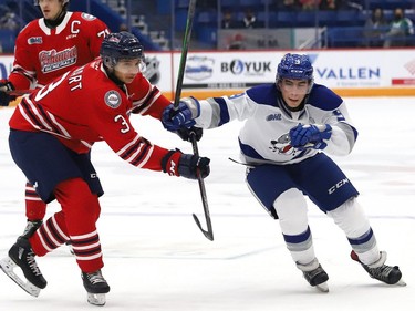 Alex Assadourian, right, of the Sudbury Wolves, and Thomas Stewart, of the Oshawa Generals, battle for position during OHL action at the Sudbury Community Arena in Sudbury, Ont. on Friday October 29, 2021. John Lappa/Sudbury Star/Postmedia Network