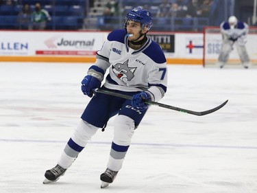 Andre Anania, of the Sudbury Wolves, guards the blue line during OHL action against the Oshawa Generals at the Sudbury Community Arena in Sudbury, Ont. on Friday October 29, 2021. John Lappa/Sudbury Star/Postmedia Network