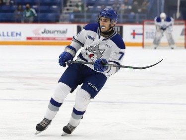 Andre Anania, of the Sudbury Wolves, guards the blue line during OHL action against the Oshawa Generals at the Sudbury Community Arena in Sudbury, Ont. on Friday October 29, 2021. John Lappa/Sudbury Star/Postmedia Network