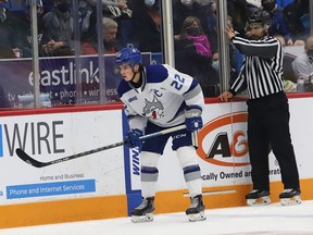 Jack Thompson, of the Sudbury Wolves, keeps an eye on the play during OHL action against the Oshawa Generals at the Sudbury Community Arena in Sudbury, Ont. on Friday October 29, 2021. John Lappa/Sudbury Star/Postmedia Network