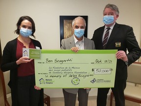 Ben Scagnetti donated $50,000 to Maison McCulloch Hospice in memory of his late wife, Helen Scagnetti. Helen was a resident at Maison McCulloch Hospice and with this donation, Ben wanted to recognize the staff for their devotion and the great care provided to his loving wife, Helen. In the photos are Julie Aubé (left, executive director. Maison McCulloch Hospice), Ben Scagnetti and Gerry Lougheed Jr. (Sudbury Hospice Foundation board member).