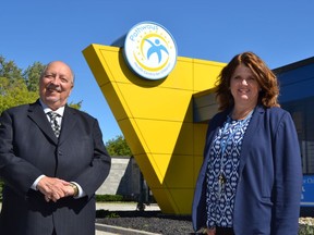 Sarnia-Lambton MPP Bob Bailey stands outside the Pathways Health Centre for Children in Sarnia with its executive director Alison Morrison. Handout