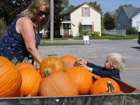 Sawyer Nolan, 2, looks to Jo-Anne Whitlaw, a Lambton Central Petrolia Optimist Club member, for some help while picking out a pumpkin at the club's Great Pumpkin Giveaway event on Oct. 2 in Petrolia. Terry Bridge/ Postmedia Network