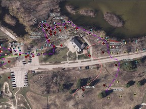 A new section of steel sheet pile wall, red, near Lake Chipican is planned for 2023. Additional extensions, green, could be built as needed, city officials say. Purple is the inferred limit of floating oil spread in Canatara Park as of 2020. Pink represents its spread as of 2017. Various monitoring wells are also shown. (RWDI Air Inc. photo)