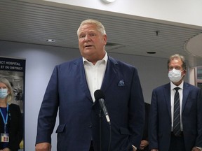 Ontario Premier Doug Ford was in Timmins on Monday afternoon to tour the city and the Timmins and District Hospital where he took questions from reporters for approximately 25 minutes. He is flanked here by Kate Fyfe, president and chief executive officer of TADH, and by Timmins Mayor George Pirie.

ANDREW AUTIO/The Daily Press