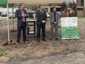 DSSMSSAB CEO Mike Nadeau (far left) is joined by Mayor Christian Provenzano and Ward 2 councillor and DSSMSSAB chair Luke Dufour at groundbreaking ceremony for new social services building.