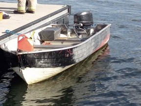 Cornwall police photo of a boat found abandoned near the Three Nations Bridge in Cornwall, Ont., on Wednesday, Oct. 20, 2021.