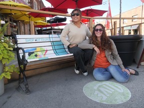 Artists Aggie Armstrong (left) and Rhonda Franks recently toured their Downtown Tillsonburg BIA bench art and decals. (Chris Abbott/Norfolk and Tillsonburg News)