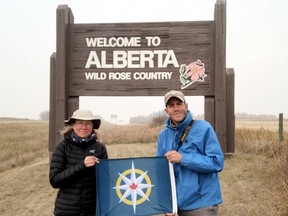 Sonya Richmond and Sean Morton of Norfolk started a cross-Canada trek along the Trans Canada Trail in 2019. The couple concluded this year's portion of the walk earlier this month at the Alberta-Saskatchewan border. The couple plans to continue in the spring and expects to finish the journey in the next two years. Supplied