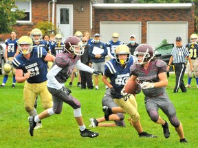 Zach Ebert of the Pauline Johnson Collegiate was a threat on the ground all day Friday as the Thunderbirds posted a 27-20 win in Delhi against the previously undefeated Raiders of Delhi District Secondary School. It was the Thunderbirds' first win of the year and sets the stage for an interesting, anything-goes second half of the Norfolk-Brant Varsity Football League season. Monte Sonnenberg