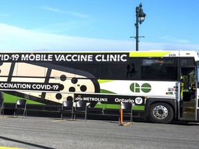 A GO-VAXX vaccination arrived in Trenton Saturday. The mobile COVID-19 clinic buses will be in the Oxford, Elgin and Norfolk County areas from Oct. 28-Nov. 4. (ALEX FILIPE photo)