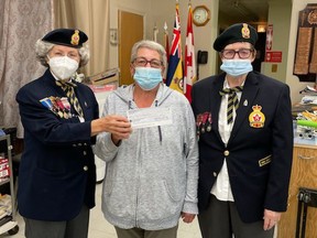 To assist in the operational costs, the Royal Canadian Legion Branch 89 Ladies Auxiliary gave a donation of $1 thousand to the Branch recently. The last year and a half has been difficult for the legion because they have not been able to host fundraisers yet, the expense of maintaining the building remains. Presenting the cheque for the Ladies Auxiliary are Treasurer Dianne Denault and President Dorothy Smith, accepting is Branch President Laura Toal (centre).