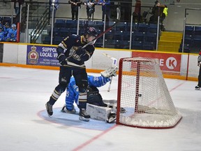 The 16th shot on goal in a shoot out gave the Gold Miners the game over Cochrane. 
Photo by Allyson Demers