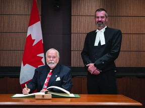 Bow River MP Martin Shields, left, was sworn in Oct. 19 for his third term representing the local riding. "I pledge to work for the constituents of Bow River to the best of my abilities and I am honoured to be re-elected to represent this great riding for a third term," said Shields.