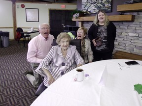 Lucia Melnick was serenaded with the traditional Happy Birthday salute by a trio of talented troubadours Lee and Irene Morris along with Julie Husband marking her 95th birthday afternoon celebration Oct. 2 at the Minis Hall.