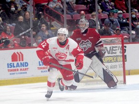 Soo Greyhounds forward Tye Kartye (shown here) in OHL action against the Saginaw Spirit. Kartye notched his 100th point against the Windsor last Saturday night, a 4-3 victory over the Spitfires.