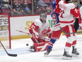 Soo Greyhounds goaltender Samuel Ivanov in OHL action against the Kitchener Rangers on Oct. 27. Ivanov stopped 20 shots as the Greyhounds picked up a 2-0 road victory over the Sarnia Sting on Sunday afternoon. The shutout was Ivanov's first OHL shutout.