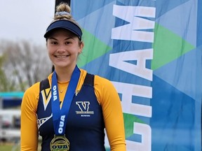 Lauentian University rower Abbey Maillet poses with her gold medal at the OUA Rowing Championships in Welland on Oct. 30.