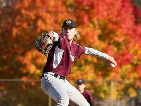 Wallaceburg Tartans starter Logan Klompstra pitches in the first inning of the LKSSAA baseball championship game against the Great Lakes Wolfpack at Andy Johnston Field at Kinsmen Park in Wallaceburg on Oct. 28. The Tartans won 5-2. Mark Malone/Postmedia Network