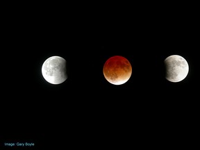A series of exposures shows the moon as it passes through the phases of a lunar eclipse.
Submitted Photo