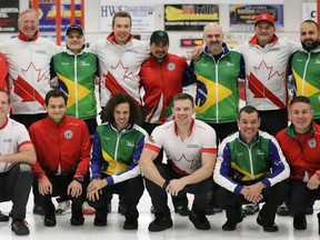 Brendan Bottcher and his rink posed with Teams Brazil and Mexico after beating both those squads in last weekend’s Americas Zone Challenge at the Lacombe Curling Club. Photo via Twitter