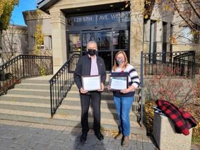 Former High River Councillors Don Moore and Cathy Couey were honoured on Oct. 25 at the Highwood Memorial Centre during the Swearing in Ceremony of the new councillors. Moore and Couey were honoured for all the hard work they did for High River for the many years they served as councillors.