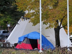 A tent and teepee are essentially all that remain Thursday evening of the encampment set up last week on the doorsteps Ronald A. Irwin Civic Centre. JEFFREY OUGLER/POSTMEDIA NETWORK