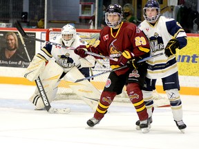 The Timmins Rock, who will host the Cochrane Crunch at the McIntyre Arena Friday night, have traded forward Yan Bessette, shown here in action during an NOJHL game against the Kirkland Lake Gold Miners at the McIntyre Arena on Sept. 17, to the Espanola Express in exchange for a player development fee. With 15 forwards in camp, Bessette simply became the odd man out and the hope is he will get more ice time with the West Division Express. THOMAS PERRY/THE DAILY PRESS