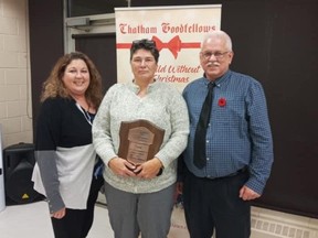 Amy Finn, who was named Mrs. Goodfellow 2021, centre, is shown with Rose Peseski and Craig Williston, also of the Chatham Goodfellows. (Handout)