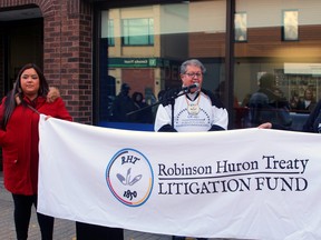 Mike Restoule calls on the province to end litigation in the annuities case, Friday, outside Nipissing MPP Vic Fedeli's office.
PJ Wilson/The Nugget