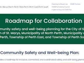 A screenshot of the website homepage for Stratford, St. Marys and Perth County's Community Safety and Wellbeing Plan.