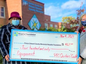 Briar Boyce, senior development officer with the PECMH Foundation, left, and Deelia Johnson, president of the PEC Quilters’ Guild gather for a cheque presentation to the hospital. SUE VINCENT