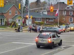 Emergency services respond to a two vehicle collision Monday at 4:47 p.m. on Algonquin Avenue at the intersection of Front and Jane Street.