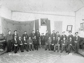 Proud of his Scottish roots, Bruce County veterinarian Dr. George McDonald (standing, second from the left) was a member of the Sons of Scotland who met in 1897 at Camp Louden Hill in Wiarton. [Courtesy of Bruce County Museum & Cultural Centre, A994.034.001]