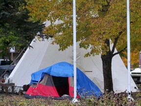 A tent and teepee were part of the encampment recently set up by homeless individuals on the doorsteps Ronald A. Irwin Civic Centre to  JEFFREY OUGLER/POSTMEDIA NETWORK