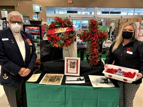 The Royal Canadian Legion is celebrating the 100th anniversary of the poppy as a symbol of remembrance this year. At left is Rev. Bryan Robertson, president of the Legion in Simcoe, while at right is Mary Ann Tomlinson, an employee of Rosewood Senior Living in Simcoe and one of 30 volunteers distributing poppies on behalf of the Simcoe Legion during the current campaign, which ends on Remembrance Day this Thursday, Nov. 11. – Monte Sonnenberg