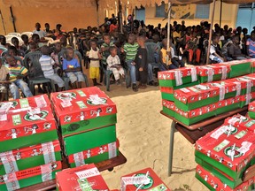 Children in Senegal gather for the distribution of shoeboxes collected through Operation Christmas Child.