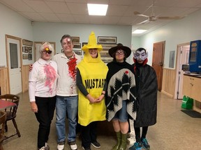 All things spooky - vampires, zombies, scarecrows and... mustard - came together to hang out at the Lucknow Legion on Oct 30 for their pub night. L-R: Wendy and Jim Hooisma, Mary Downey, LeaAnne Haldenby and Brad Engel. Hannah MacLeod/Lucknow Sentinel