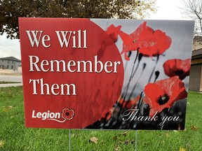 New lawn signs such as this along Arthur Street in Mitchell were sold through the Royal Canadian Legion, br. 128. The Legion branch sells the signs, a portion of which is generally donated back to the poppy fund. ANDY BADER/MITCHELL ADVOCATE