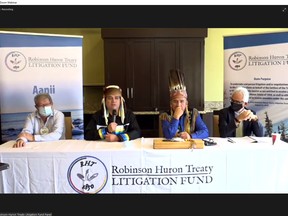 Mike Restoule, left, chair of the Robinson Huron Treaty Litigation Fund, Chief Duke Peltier of Wiikwemkoong, Chief Dean Sayers, Batchewana First Nation and David Nahwegahbow, co-lead counsel for the Robinson Huron Treaty Litigation Fund, address the media, Tuesday, on a recent court decision.
Screen capture