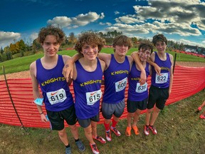 Members of Lo-Ellen Park's junior boys cross-country running team pose for a photo at the 2021 OFSAA championships. Supplied