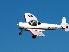 Stan French flies his Ercoupe over Jack Garland Airport, Wednesday, in preparation for a flypast at the Callander Remembrance Day service, Thursday.
PJ Wilson/The Nugget