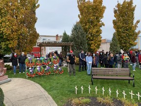 Several hundred people wearing masks and poppies paid tribute to Canadian war veterans at a sombre service at the Port Elgin Cenotaph Nov. 11 at 11 a.m. The service was also live-streamed.