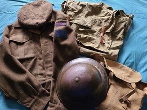 Pte. Leslie Lawrence Cumming’s helmet, tunic, rucksacks and tam, from Second World War service — possessions treasured to this day by his family.