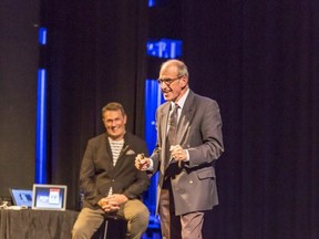 Ted Barris (right), author of 19 books on Canadian military history and a journalism professor and broadcaster, and David O’Keefe (left), a historian, writer and TV presenter, are presenting Liberation of the Netherlands in WW11 at Festival Place on Friday, Nov. 5.  Photo Supplied