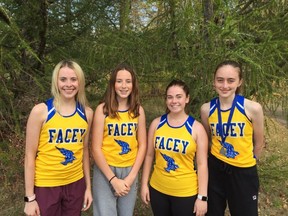 The Bev Facey Falcons intermediate girls cross-country squad upset Scona for first place in the recent Metro city championships. Photo Supplied