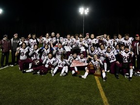 The Algonquin Barons senior boys football team pose for a team picture Saturday after a 24-3 win over the St. Joseph-Scollard Hall Bears in the NDA (Nipissing District Athletics) final at the Steve Omischl Sports Complex. The Barons will now play against Korah Colts in the NOSSA (Northern Ontario Secondary School Athletics) final Saturday at 1 p.m. at the Superior Heights field in Sault Ste. Marie.