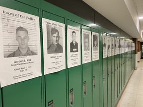 Pictures of Canadian soldiers who served in the Second World War were posted on lockers throughout the hallways at West Ferris Intermediate and Secondary School, Thursday. These soldiers had ties to Algonquin Composite School, now known as West Ferris.

Mark Robertson, Submitted